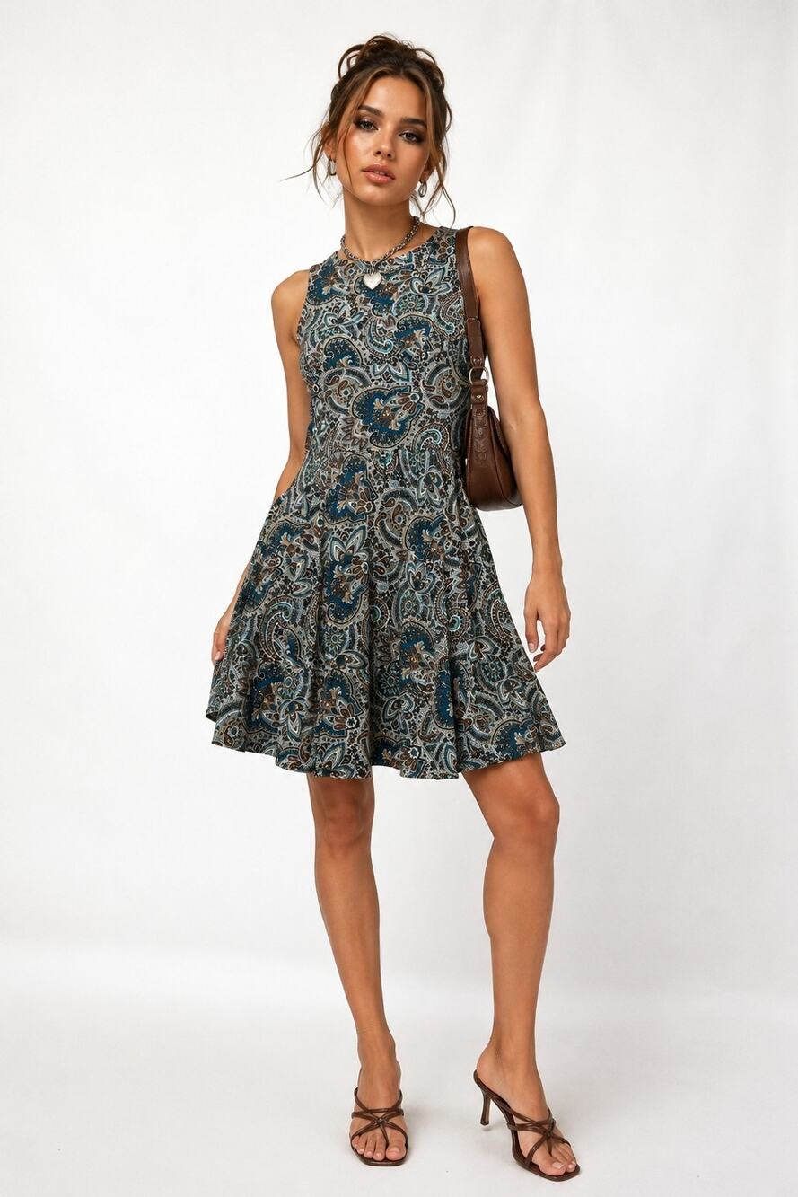 Vintage Y2K Ronnie Nicole Petite Dress Teal Brown Paisley Sleeveless Sz 10 P